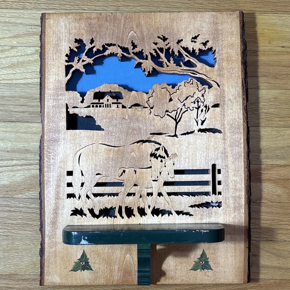 Vtg Oak Wooden Laser Cut Out Horses on Farm Silhouette Wall Hanging Picture Art